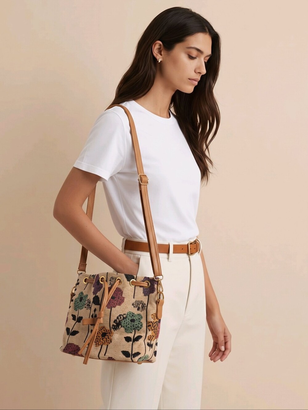Floral Tapestry Drawstring Mini Bag in Tan Trim